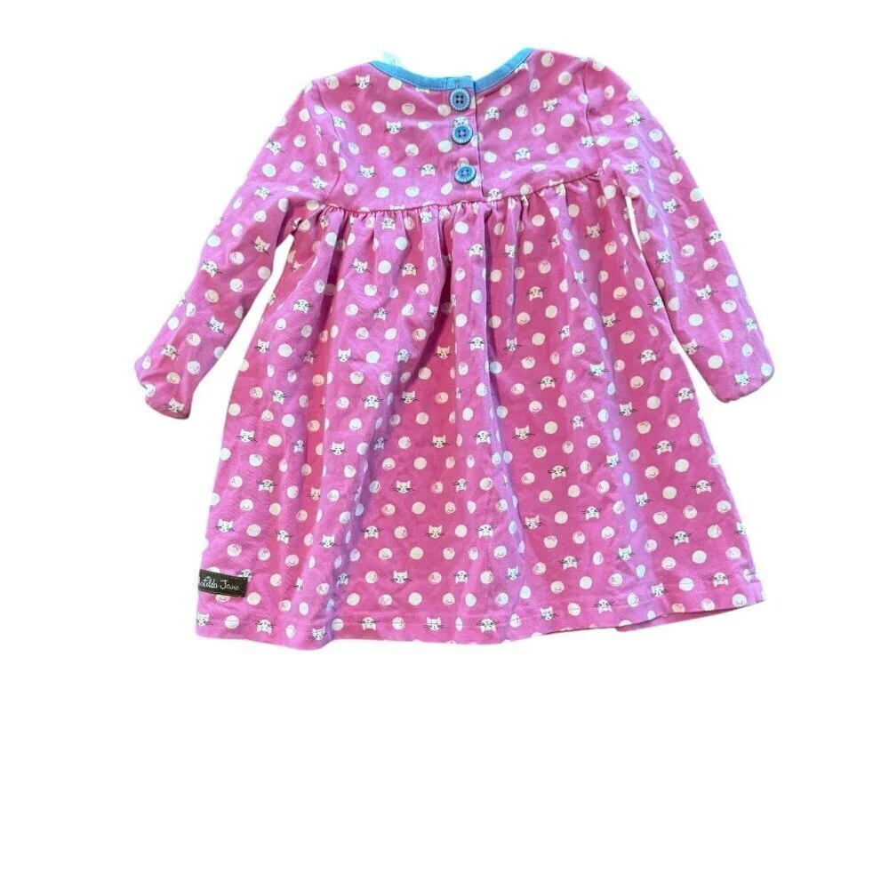 Matilda Jane Pink Kitty Cat Polka Dot Long Sleeve Baby Dress 12M Cotton Blend